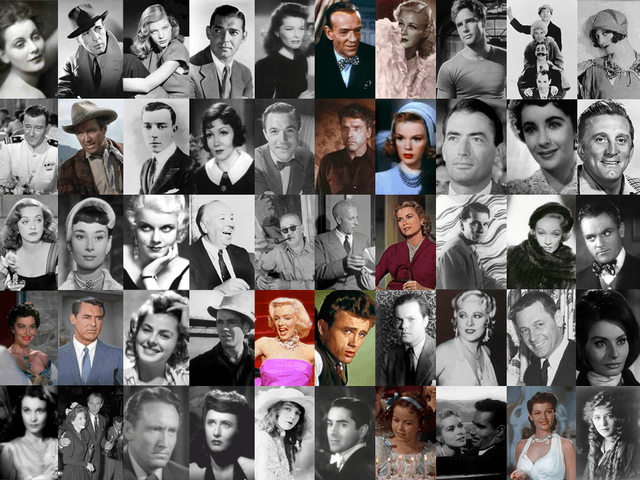 Stars of the Classical Hollywood cinema era (c. 1913–1962).

Top row, l-r: Greta Garbo, Humphrey Bogart, Lauren Bacall, Clark Gable, Katharine Hepburn, Fred Astaire, Ginger Rogers, Marlon Brando, the Marx Brothers, Joan Crawford.

Second row, l-r: John Wayne, James Stewart, Buster Keaton, Claudette Colbert, Gene Kelly, Burt Lancaster, Judy Garland, Gregory Peck, Elizabeth Taylor, Kirk Douglas.

Third row, l-r: Bette Davis, Audrey Hepburn, Jean Harlow, Alfred Hitchcock, John Ford, Howard Hawks, Grace Kelly, Laurence Olivier, Marlene Dietrich, James Cagney.

Fourth row, l-r: Ava Gardner, Cary Grant, Ingrid Bergman, Henry Fonda, Marilyn Monroe, James Dean, Orson Welles, Mae West, William Holden, Sophia Loren.

Bottom row, l-r: Vivien Leigh, Joan Fontaine and Gary Cooper, Spencer Tracy, Barbara Stanwyck, Lillian Gish, Tyrone Power, Shirley Temple, Janet Leigh with Charlton Heston, Rita Hayworth, Mary Pickford.

