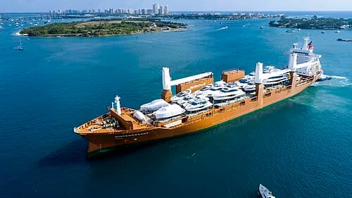 M/V Statengracht, with a cargo of yachts in the port of West Palm Beach, Florida.