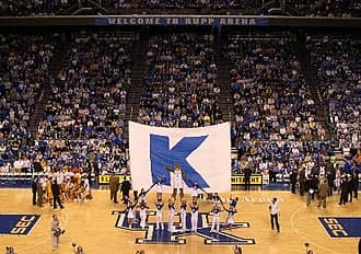 The Kentucky cheerleaders at Rupp Arena during a basketball game