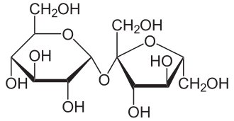 Sucrose: a disaccharide of glucose (left) and fructose (right)