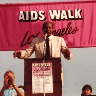 Tom Bradley speaking at AIDS Walk LA at the Paramount Studios lot in 1988