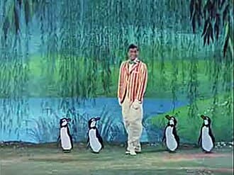 Actor Dick Van Dyke was inserted into an animated scene of dancing penguins using the sodium vapor process.