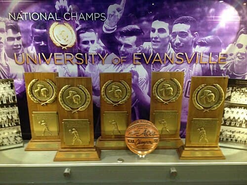 The memorial display case at the Ford Center honoring UE's championship tradition