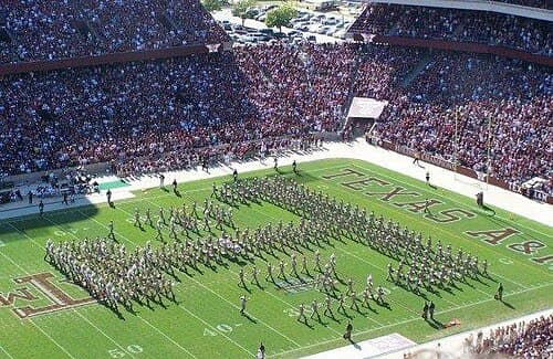 The Fightin' Texas Aggie Band marches in TAM formation during halftime at Kyle Field.
