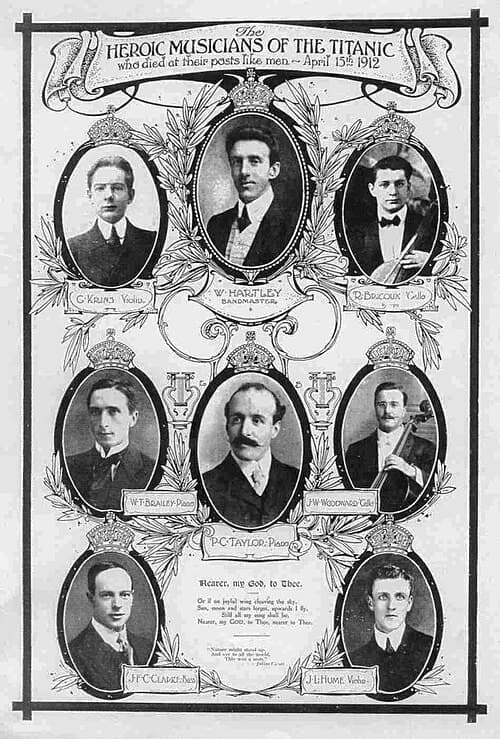 Commemorative feature about the Titanic orchestra. From left to right, top to bottom: Krins, Hartley, Bricoux, Brailey, Taylor, Woodward, Clarke, and Hume.
