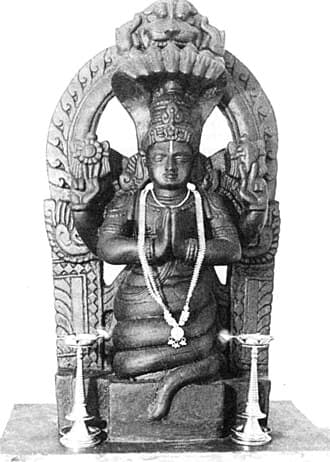 Traditional Hindu depiction of Patanjali as an avatar of the divine serpent Shesha