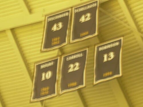 Terry Dischinger, Dave Schellhase, Rick Mount, Joe Barry Carroll, and Glenn Robinson (On November 29, 2011, Mackey displayed three additional banners for Troy Lewis, E'Twaun Moore, and JaJuan Johnson)