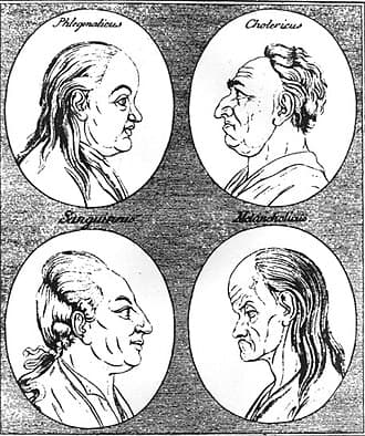 18th-century depiction of the four temperaments:[1] phlegmatic and choleric above, sanguine and melancholic below