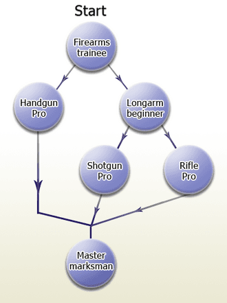 A simplified example of a skill tree structure, in this case for the usage of firearms