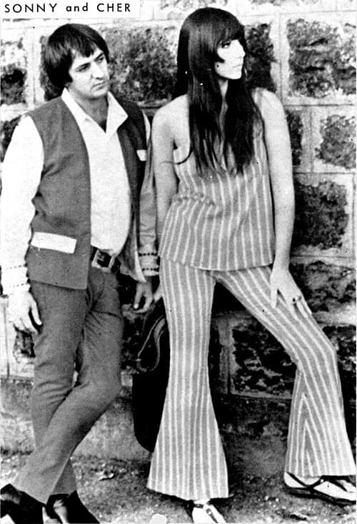 American singer Cher (pictured with Sonny Bono) wearing bell-bottomed trousers, c. 1968