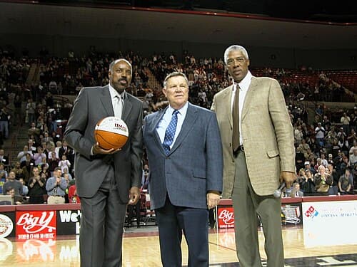Al Skinner, Jack Leaman, and Julius Erving at the retirement ceremony for Skinner's UMass jersey No. 30