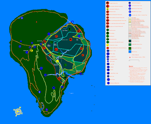 Fan-made map of Isla Nublar as presented in the film adaptation of Jurassic Park, reconciling various sources. The layouts differ in the novel, videogames and Jurassic World, but the overall shape of the island is always an inverted teardrop.
