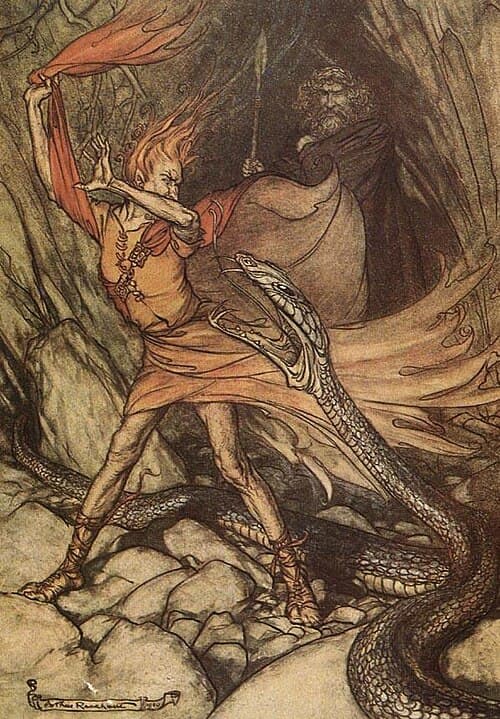 Loge feigns fear as Alberich turns into a giant snake. Wotan stands in the background; illustration by Arthur Rackham to Richard Wagner's Das Rheingold