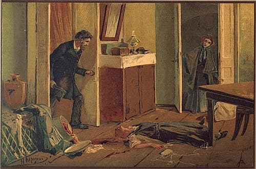 Raskolnikov kills the pawnbroker (illustration by Nikolay Karazin, 1893)