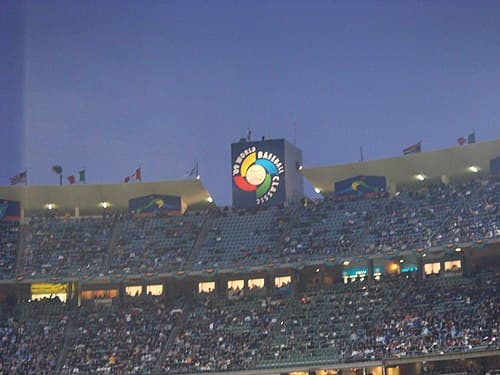 Dodger Stadium hosting the 2009 World Baseball Classic. The top of a ten-story elevator shaft bears the World Baseball Classic logo.