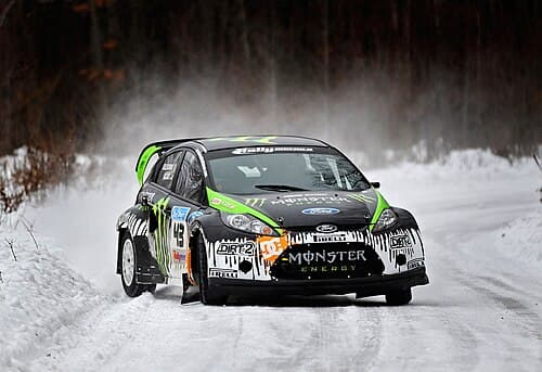 Ken Block driving the Monster Energy–sponsored No. 43 Ford Fiesta for the 2010 Rally America season