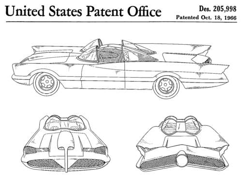 The patent for the 1966 television Batmobile, built by George Barris from a Lincoln Futura concept car