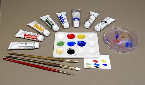 Gouache paints come in many colors and are usually mixed with water to achieve the desired working properties and to control the opacity when dry.