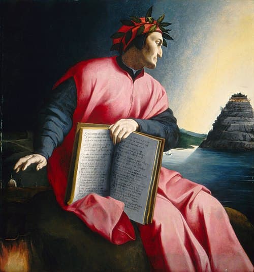 Dante gazes at Mount Purgatory in an allegorical portrait by Agnolo Bronzino, painted c. 1530