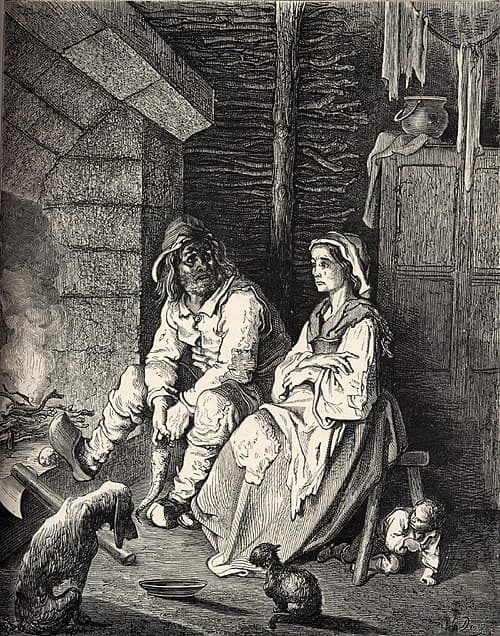 Illustration by Gustave Doré, from Les Contes de Perrault (1862), depicting Hop-o'-My-Thumb hiding under a stool, listening to his parents as they discuss abandoning him and his brothers.