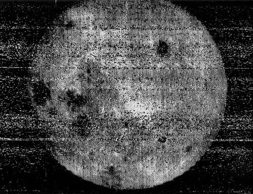 The 7 October 1959 image by Luna 3, which revealed for the first time the far side of the Moon. Clearly visible is Mare Moscoviense (top right) and a mare triplet of Mare Crisium, Mare Marginis and Mare Smythii (left center).