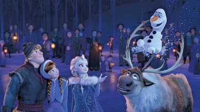 The five main characters of the franchise in Olaf's Frozen Adventure. From left to right: Kristoff, Anna, Elsa, Sven, and Olaf.