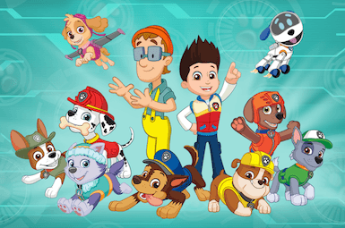 The illustrated designs of Ryder, Chase, Marshall, Rubble, Skye, Rocky, Zuma, Everest, Tracker, Cap'n Turbot and Robo-Dog, as of Tracker's introduction