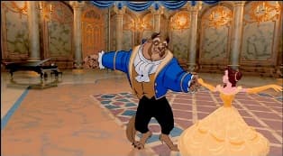 A frame from the "Beauty and the Beast" ballroom dance sequence. The background was animated using computer generated imagery which, when the traditionally animated characters are composited against it using Pixar's CAPS system, gives the illusion of a dollying film camera.