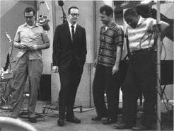 The quartet in 1959 during the Time Out sessions: From left to right: Joe Morello, Paul Desmond, Dave Brubeck, Eugene Wright