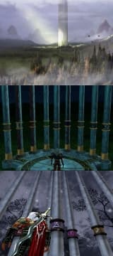 Series director Amy Hennig described the Pillars of Nosgoth (above: in concept art, center: in Blood Omen, below: in Defiance) as "the mythological and geographical hub" of the five games.[3]