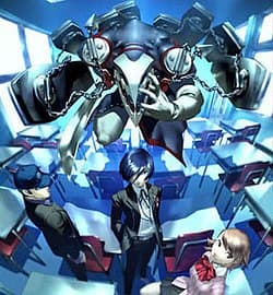Promotional artwork for Persona 3 showing some of the main cast and a Persona. It was created by Shigenori Soejima, who has been the series character designer since.[139][140]