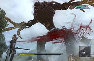 The main character fighting a giant Shade. The boss health bar is at the bottom, a minimap can be seen at lower right, and the top right contains bars representing the protagonist's health and magic.