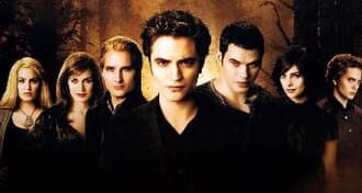 The Cullens as portrayed in New Moon: (from left) Nikki Reed (Rosalie), Elizabeth Reaser (Esme), Peter Facinelli (Carlisle), Robert Pattinson (Edward), Kellan Lutz (Emmett), Ashley Greene (Alice), and Jackson Rathbone (Jasper).
